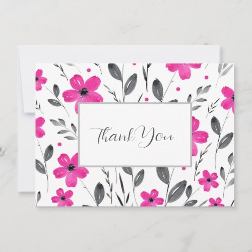 Hot Pink Gray Watercolor Five Petal Floral Motif Thank You Card