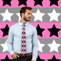 Hot Pink, Gray, White & Black Striped Tie w/ Stars