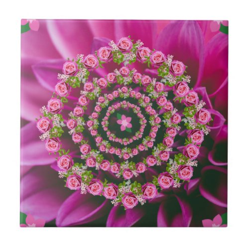 Hot Pink Gree Five Petal Watercolor Floral Motif  Ceramic Tile