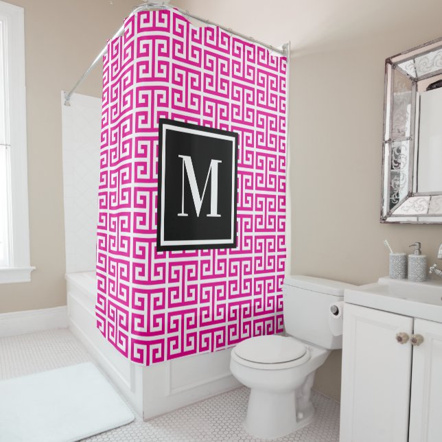 Hot Pink Greek Key Black White Monogram Shower Curtain (In Situ)