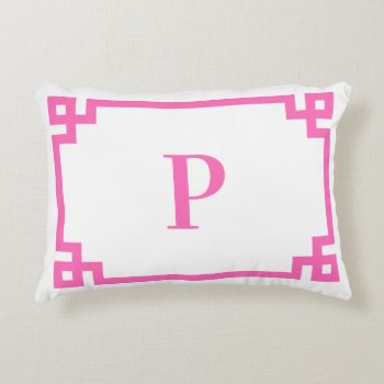 Hot Pink Greek Key Border Monogram  Accent Pillow by pinkgifts4you at Zazzle