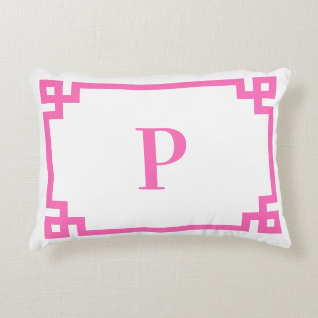 Hot Pink Greek Key Border Monogram  Accent Pillow (Front)