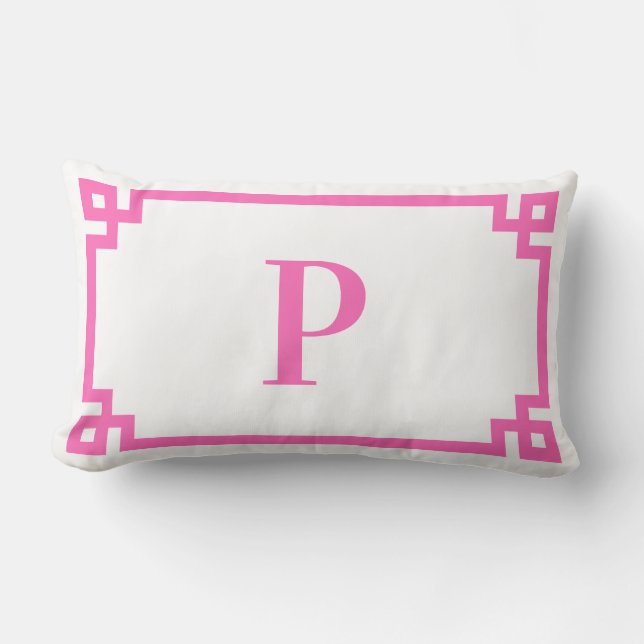 Hot Pink Greek Key Border Monogram Lumbar Pillow (Front)