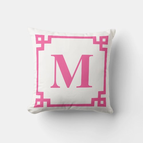 Hot Pink Greek Key Border Monogram Throw Pillow