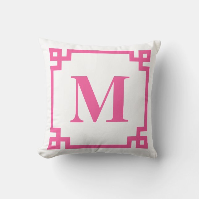 Hot Pink Greek Key Border Monogram Throw Pillow (Front)