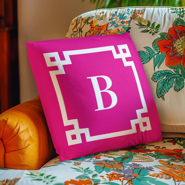 Hot Pink Greek Key Border Monogram Throw Pillow (Hot Pink Greek Key Border Monogram Outdoor Pillow)