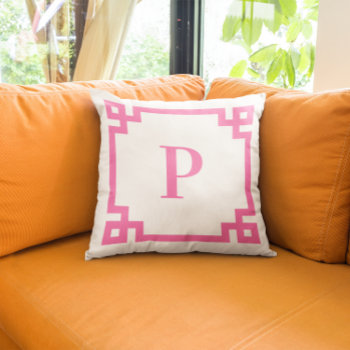 Hot Pink Greek Key Border Monogram Throw Pillow by pinkgifts4you at Zazzle