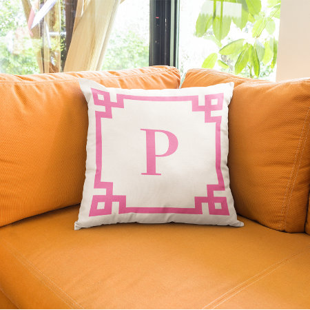 Hot Pink Greek Key Border Monogram Throw Pillow