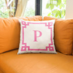 Hot Pink Greek Key Border Monogram Throw Pillow at Zazzle