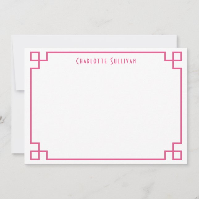 Hot Pink Greek Key Border Personalized Stationery Note Card (Front)