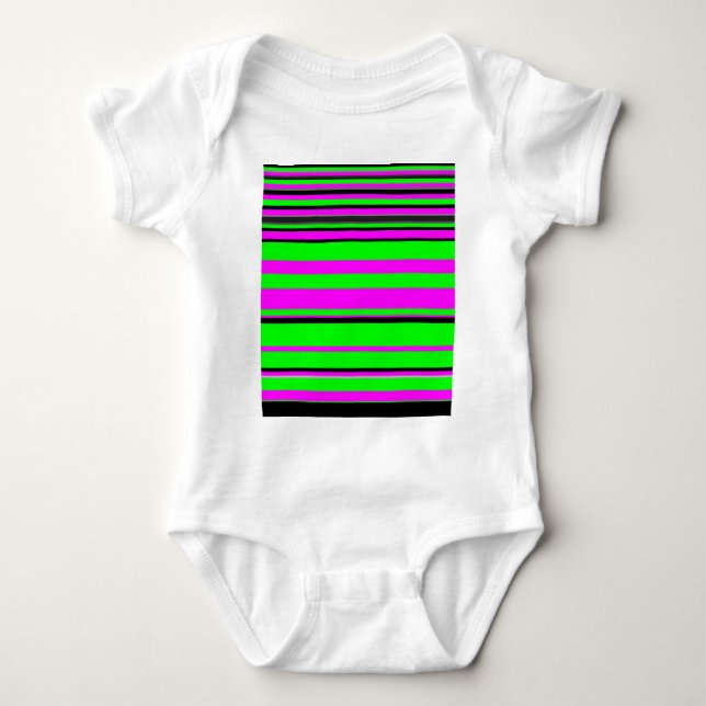 Hot Pink Green Black Colorful Stripe Pattern Baby Bodysuit (Front)