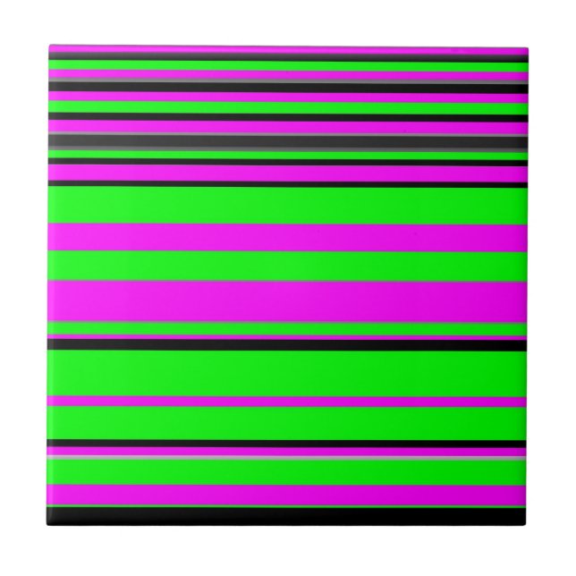 Hot Pink Green Black Colorful Stripe Pattern Ceramic Tile (Front)