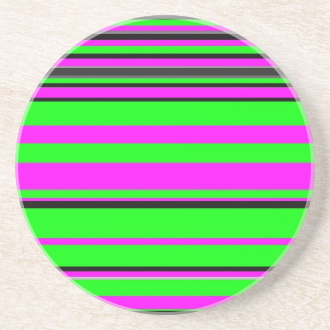 Hot Pink Green Black Colorful Stripe Pattern Drink Coaster (Front)