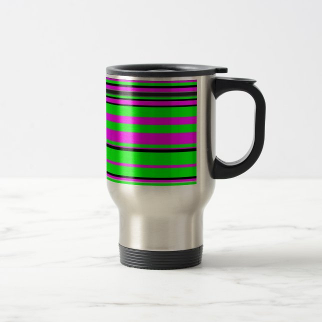 Hot Pink Green Black Colorful Stripe Pattern Travel Mug (Right)