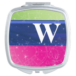 Hot Pink Green Blue 80s Colors Glitter Monogram Mirror For Makeup