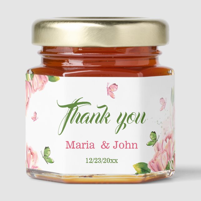 hot pink green botanical wedding honey jar favors (Front)