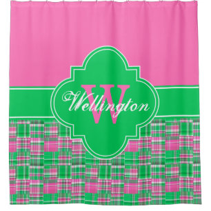 Hot Pink Green Madras Plaid 1I CB Ribbon Name Shower Curtain