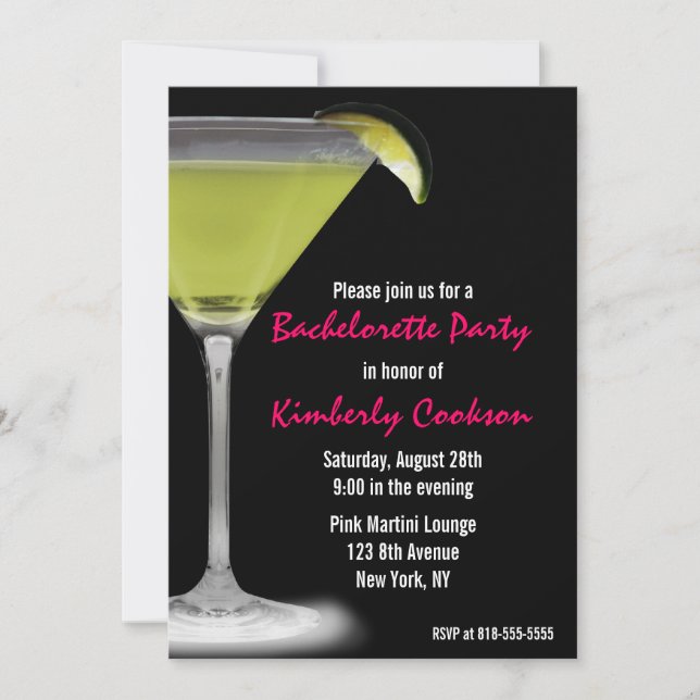 Hot Pink Green Martini Bachelorette Party Invitation (Front)