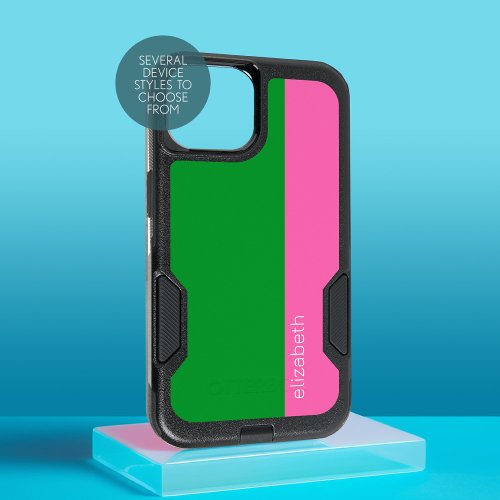 Hot Pink Green Modern 2 Color Design with Name iPhone 15 Case