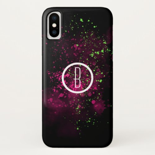 Hot Pink  Green Paint Splatter Black iPhone XS Case