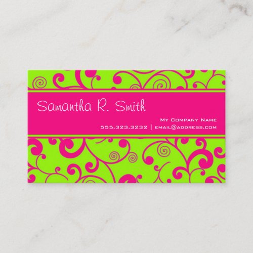 Hot Pink &amp; Green Scroll Stripe Minimal Info Design Business Cards