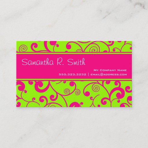 Customizable Hot Pink &amp; Green Scroll Stripe Minimal Info Design Business Cards