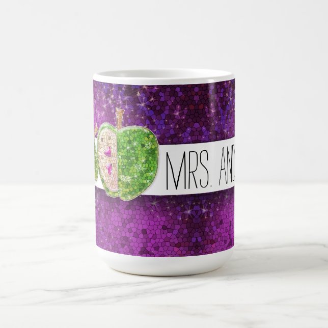 Hot Pink Green Teachers Apple Dark Purple Glitter Coffee Mug (Center)