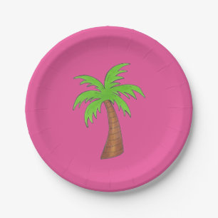 Hot Pink Green Tropical Island Beach Palm Tree Paper Plates
