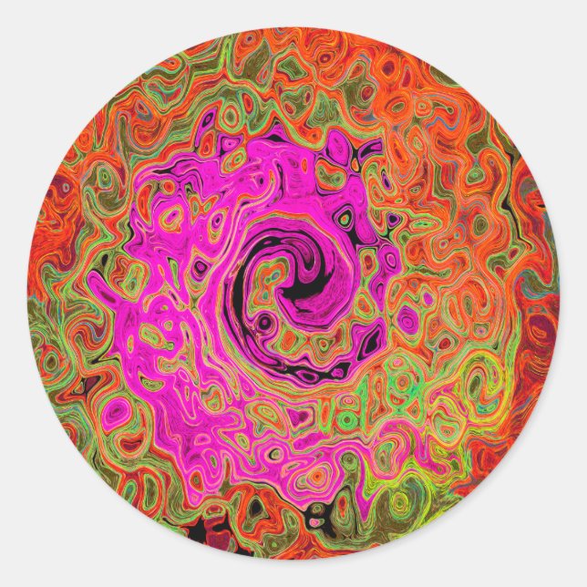 Hot Pink Groovy Abstract Retro Liquid Swirl Classic Round Sticker (Front)