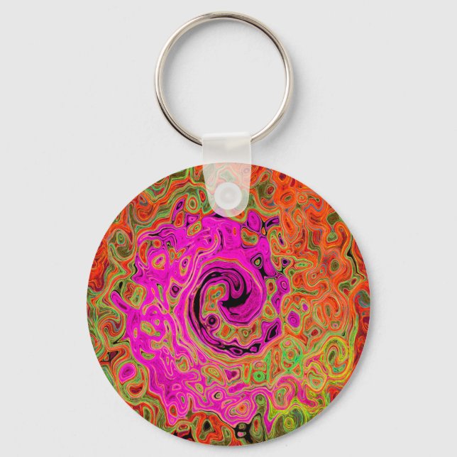 Hot Pink Groovy Abstract Retro Liquid Swirl Keychain (Front)