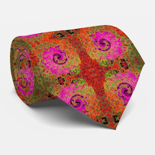 Hot Pink Groovy Abstract Retro Liquid Swirl Neck Tie (Rolled)