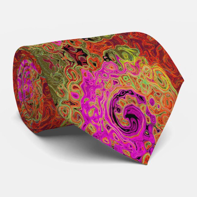 Hot Pink Groovy Abstract Retro Liquid Swirl Neck Tie (Rolled)