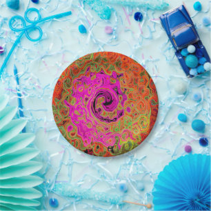 Hot Pink Groovy Abstract Retro Liquid Swirl Paper Plates
