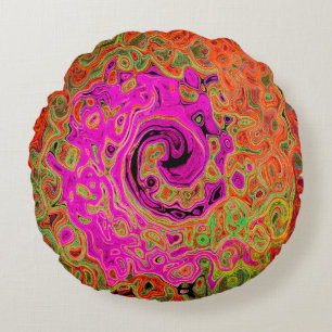 Hot Pink Groovy Abstract Retro Liquid Swirl Round Pillow