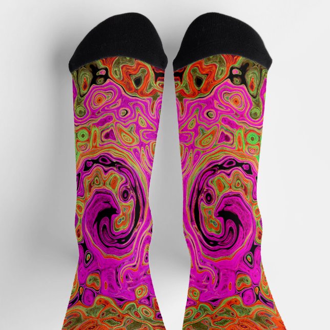 Hot Pink Groovy Abstract Retro Liquid Swirl Socks (Top)