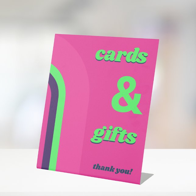 Hot Pink Groovy Retro Cards and Gifts Wedding  Pedestal Sign (Creator Uploaded)