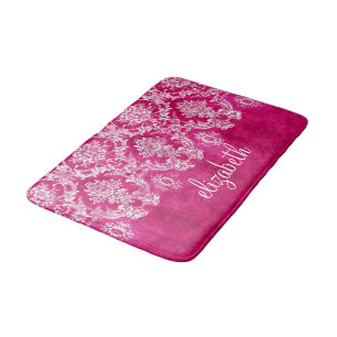 Hot Pink Grunge Damask Pattern Custom Monogram Bath Mat