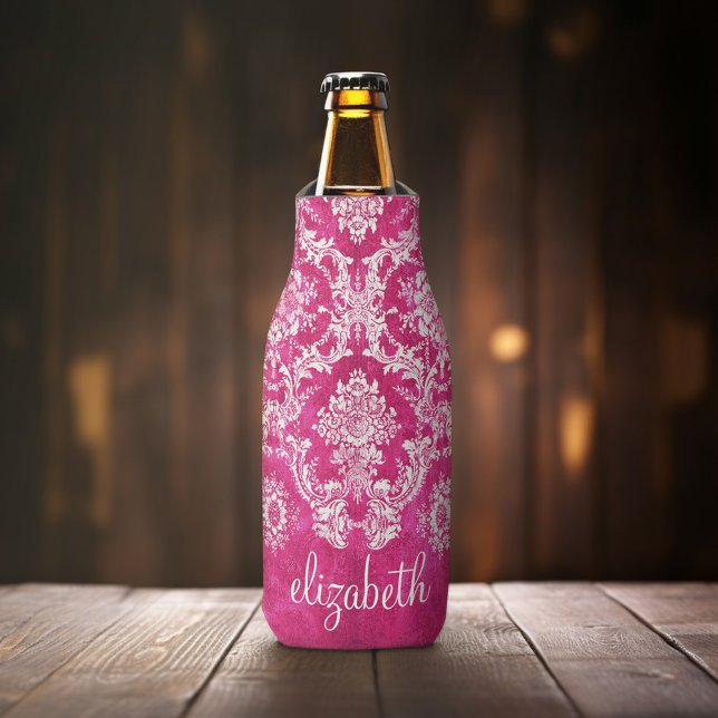 Hot Pink Grunge Damask Pattern Custom Monogram Bottle Cooler (Personalized Bottle Cooler - Add Name or Custom Text)