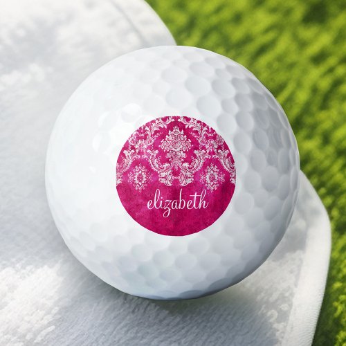Hot Pink Grunge Damask Pattern Custom Monogram Golf Balls