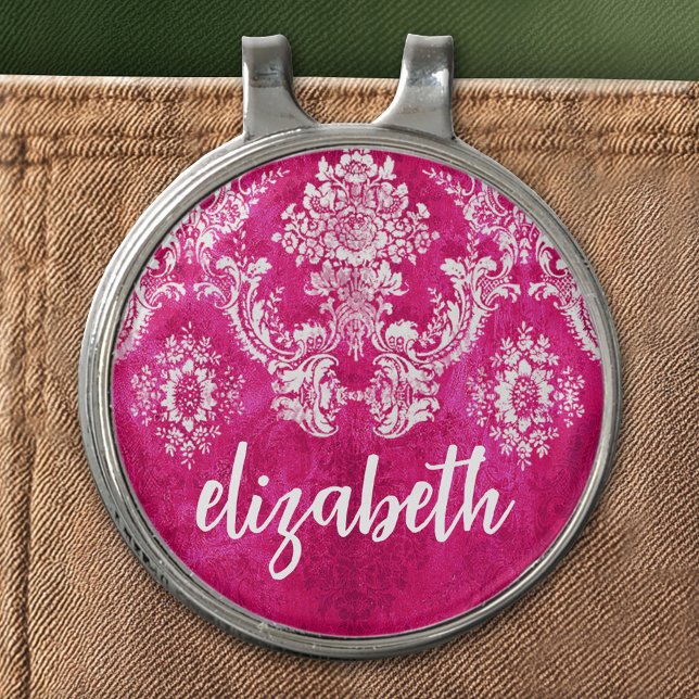 Hot Pink Grunge Damask Pattern Custom Monogram Golf Hat Clip (Custom Golf Hat Clip)