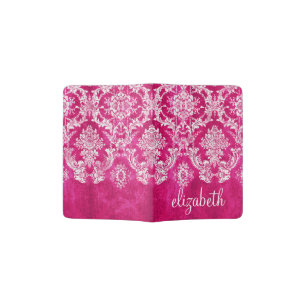 Hot Pink Grunge Damask Pattern Custom Monogram Passport Holder