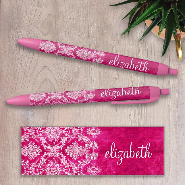 Hot Pink Grunge Damask Pattern Custom Monogram Pen (Creator Uploaded)