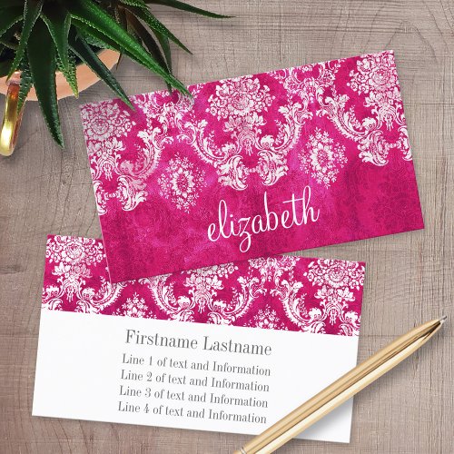 Hot Pink Grunge Damask Pattern Custom Text Business Card