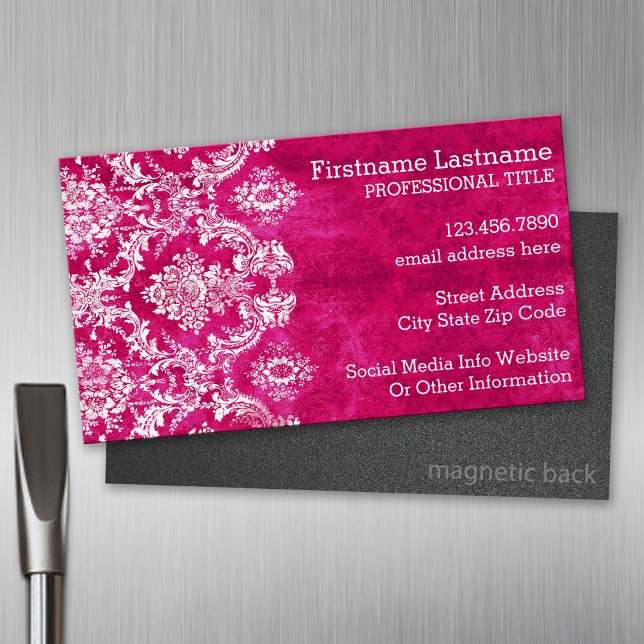 Hot Pink Grunge Damask Pattern Custom Text Business Card Magnet (Custom Business Card Magnet)
