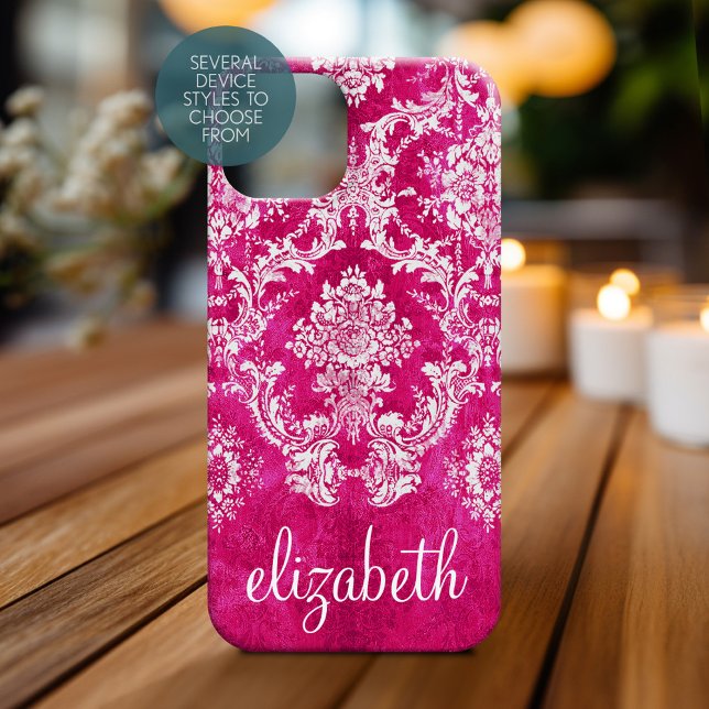 Hot Pink Grunge Damask Pattern Custom Text Case-Mate iPhone Case (Personalized Phone Case - Shabby Chic Vintage Damask Pattern with Custom Name)