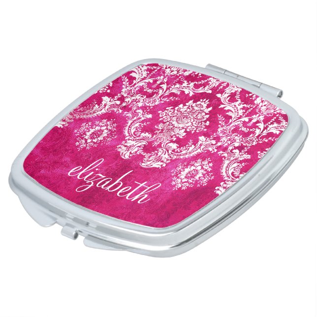 Hot Pink Grunge Damask Pattern Custom Text Compact Mirror (Turned)