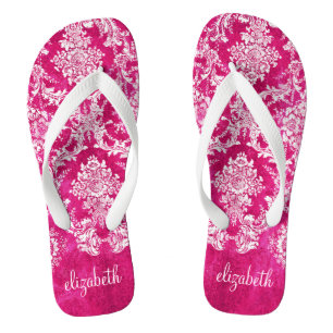 Hot Pink Grunge Damask Pattern Custom Text Flip Flops
