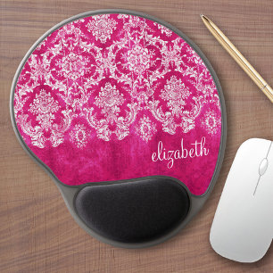 Hot Pink Grunge Damask Pattern Custom Text Gel Mouse Pad