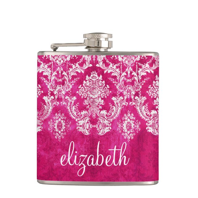 Hot Pink Grunge Damask Pattern Custom Text Hip Flask (Front)