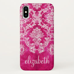 Hot Pink Grunge Damask Pattern Custom Text iPhone X Case